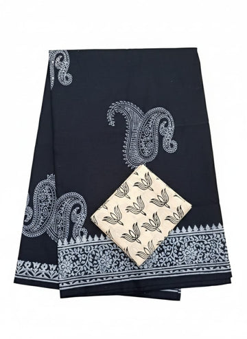 BLACK COLOR WITH WHITE DESIGN BORDER SOUTH COTTON SAREE