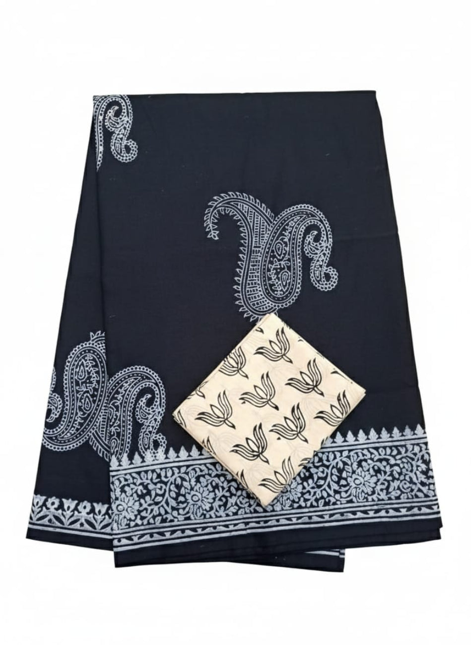 BLACK COLOR WITH WHITE DESIGN BORDER SOUTH COTTON SAREE