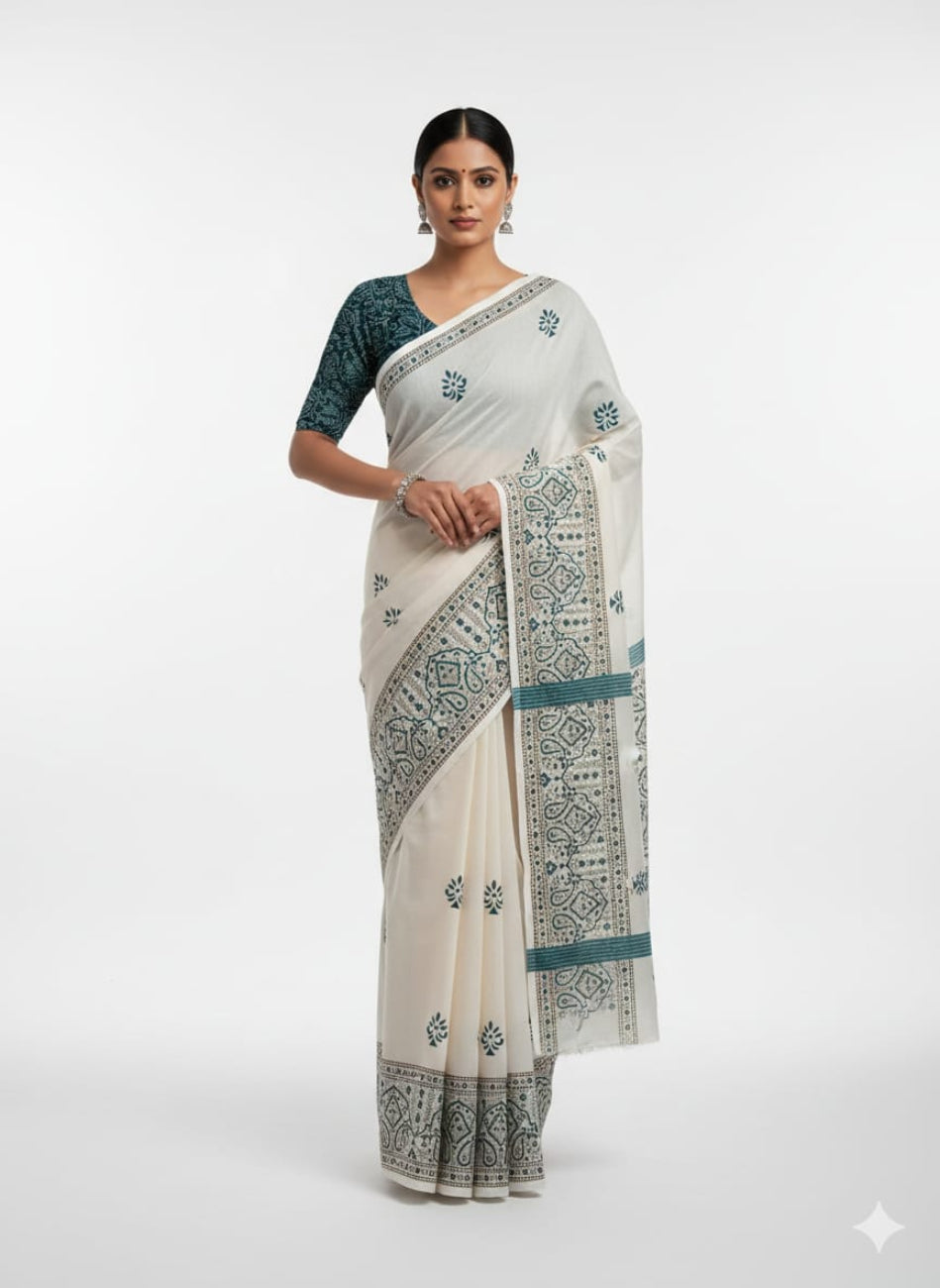 OFF-WHITE WITH TEAL BLUE COLOR SOUTH COTTON SAREE