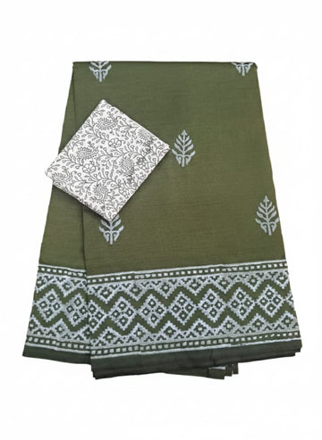 OLIVE GREEN WITH WHITE DESIGNED SOUTH COTTON SAREE WITH TRADITIONAL WHITE BORDER