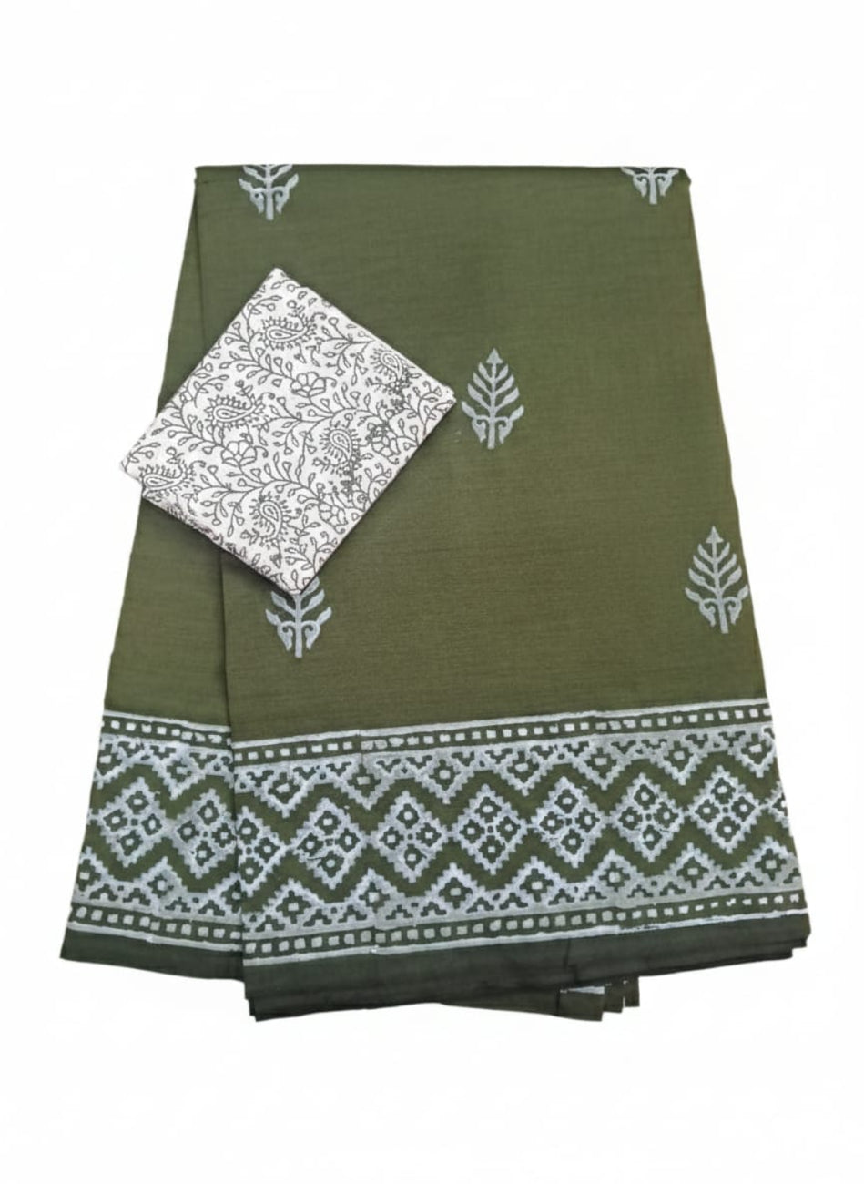 OLIVE GREEN WITH WHITE DESIGNED SOUTH COTTON SAREE WITH TRADITIONAL WHITE BORDER