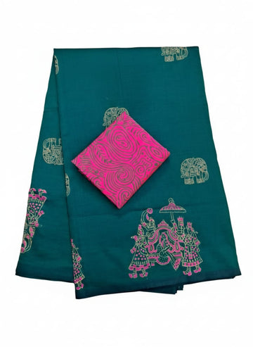 TEAL GREEN SOUTH COTTON SAREE WITH ELEPHANT AND CULTURAL ART MOTIFS