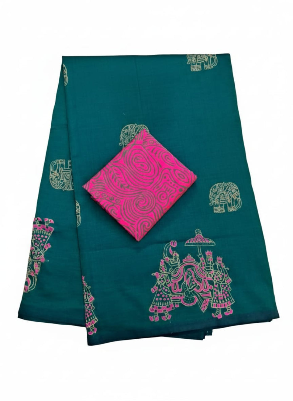 TEAL GREEN SOUTH COTTON SAREE WITH ELEPHANT AND CULTURAL ART MOTIFS
