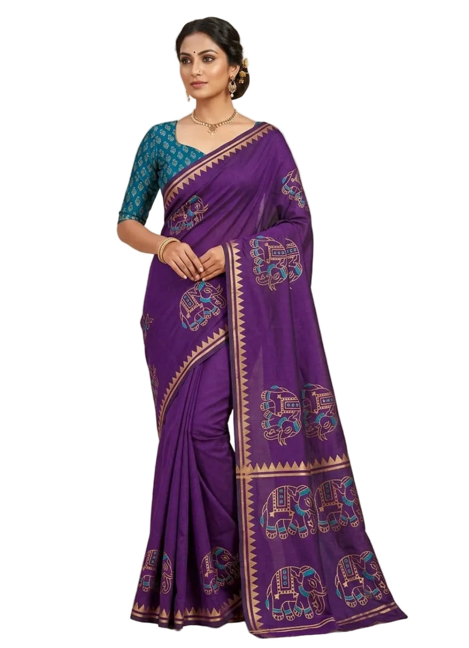 ROYAL PURPLE SOUTH COTTON SAREE WITH ELEPHANT BORDER DESIGN