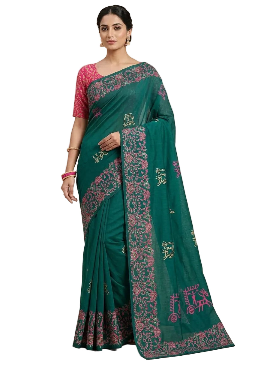 BOTTLE GREEN WITH CONTRAST PINK DESIGN SOUTH COTTON SAREE