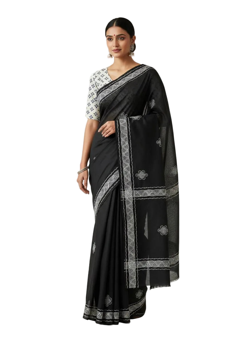 CLASSIC BLACK SOUTH COTTON SAREE WITH WHITE ETHNIC BORDER