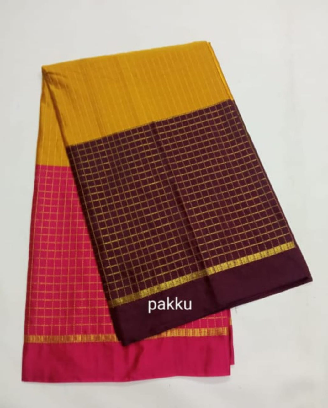 AARANI TRIPLE COLOR PURE SILK SAREE (PINK YELLOW COFFEE BROWN)