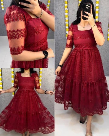 RED COLOR FLOWER EMBROIDERY SEQUENCE WORK FROCK