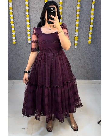 RICH WINE COLOR FLOWER EMBROIDERY SEQUENCE WORK FROCK