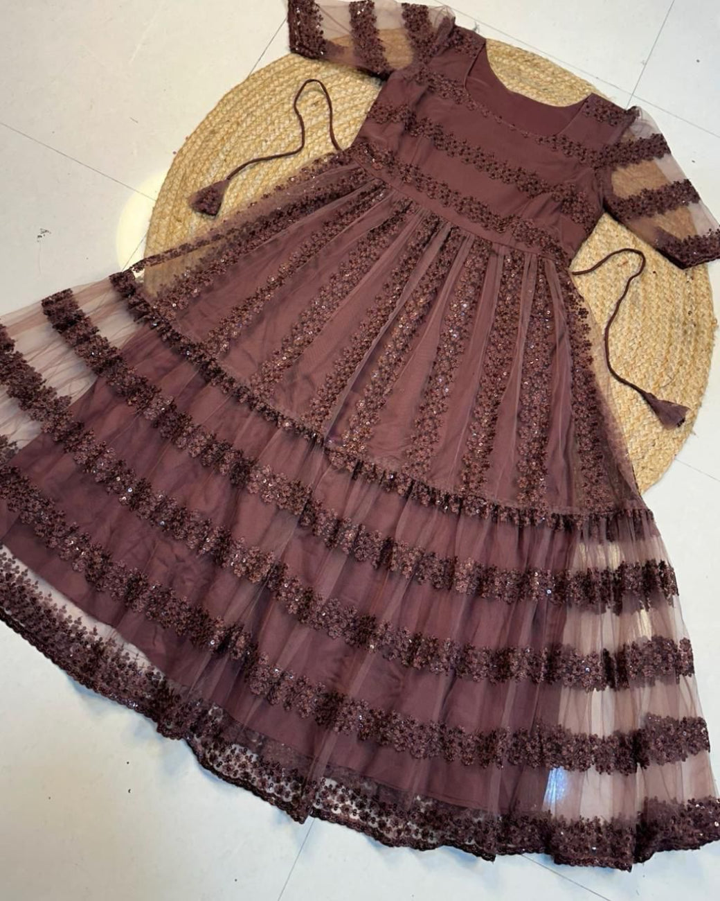 BROWN COLOR FLOWER EMBROIDERY SEQUENCE WORK FROCK