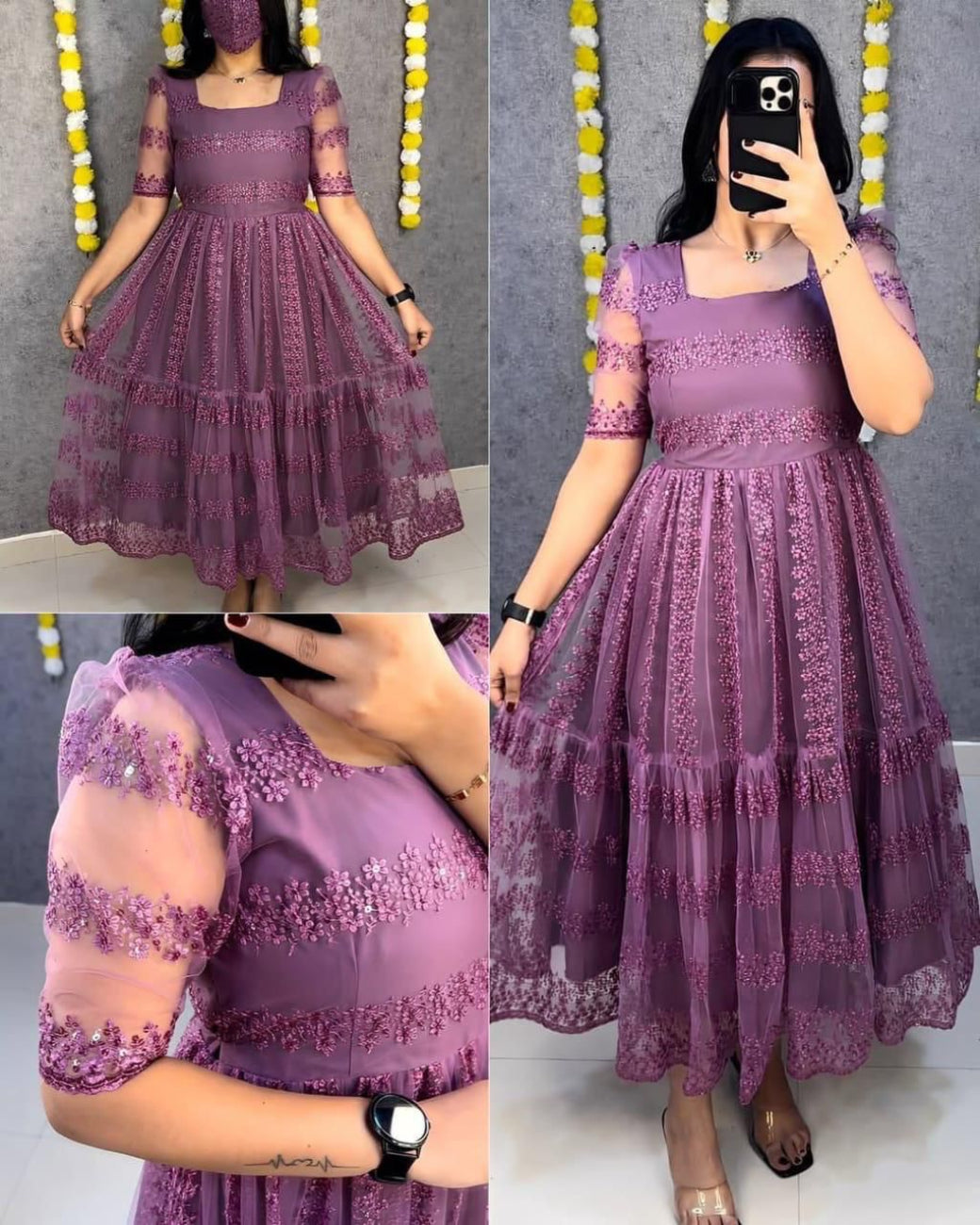LAVENDER COLOR FLOWER EMBROIDERY SEQUENCE WORK FROCK