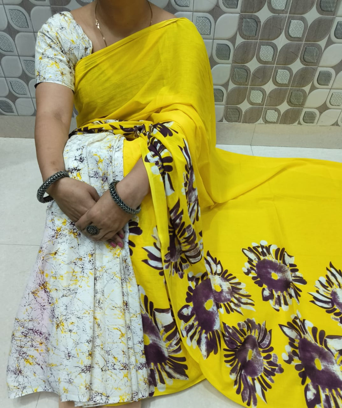 WHITE WITH YELLOW COLOR HALF-HALF PURE MULMUL COTTON SAREE