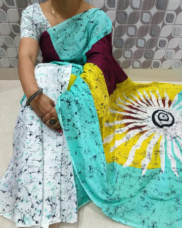 WHITE WITH MULTI COLOR HALF-HALF PURE MULMUL COTTON SAREE