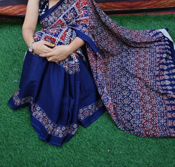 INDIGO WITH MULTI COLOR HALF-HALF PURE MULMUL COTTON SAREE