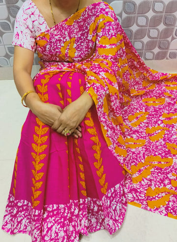 BRIGHT PINK WITH MUSTARD YELLOW AND WHITE COLOR HALF-HALF PURE MULMUL COTTON SAREE