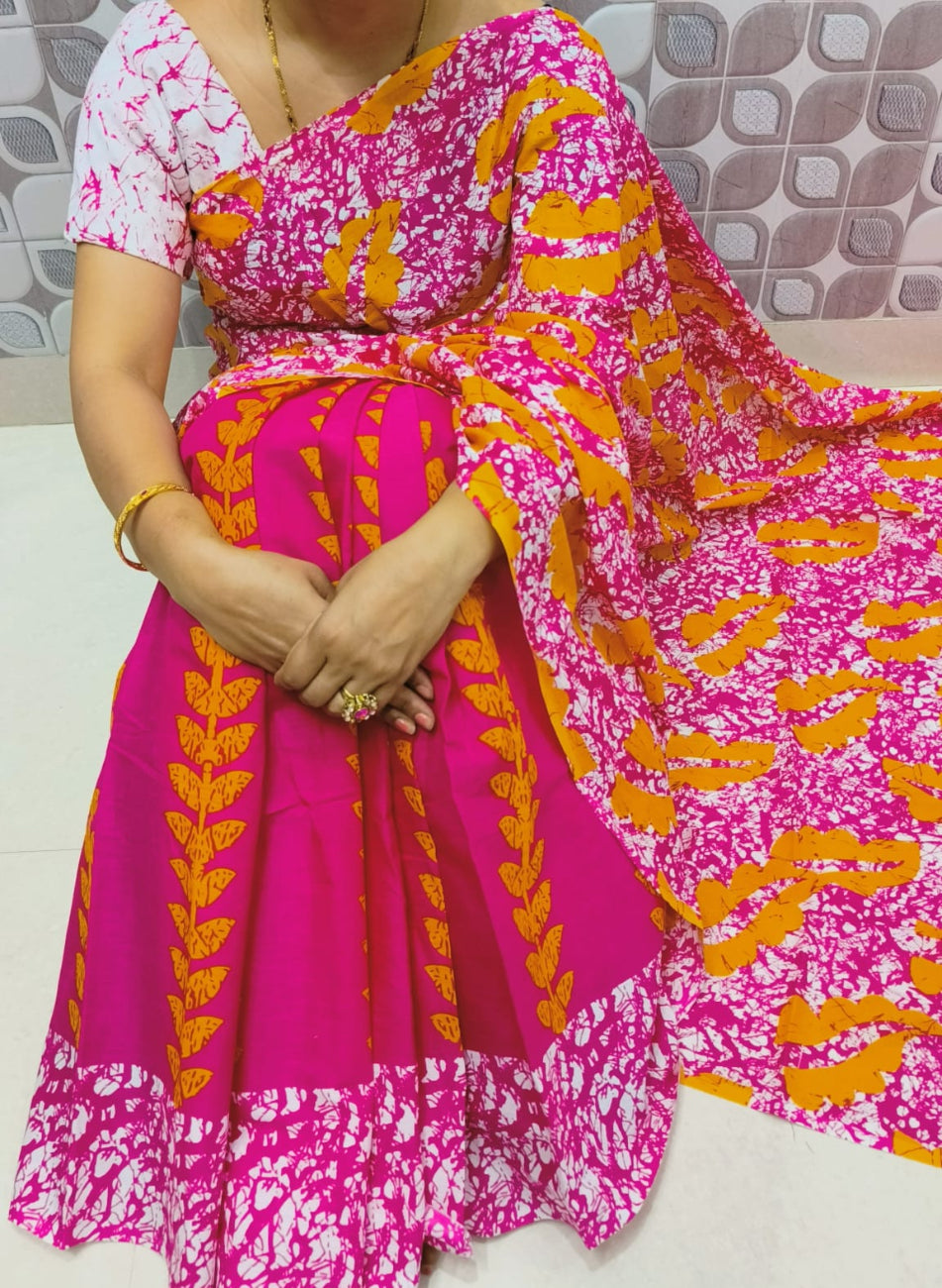 BRIGHT PINK WITH MUSTARD YELLOW AND WHITE COLOR HALF-HALF PURE MULMUL COTTON SAREE