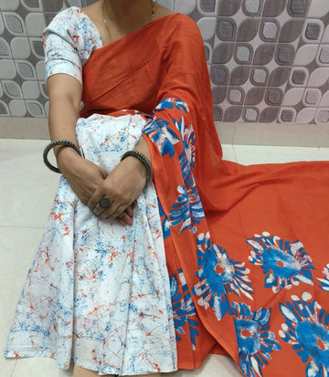 WHITE WITH TANGERINE ORANGE COLOR HALF-HALF PURE MULMUL COTTON SAREE