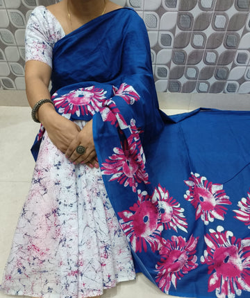 WHITE WITH DARK BLUE C0LOR HALF-HALF PURE MULMUL COTTON SAREE