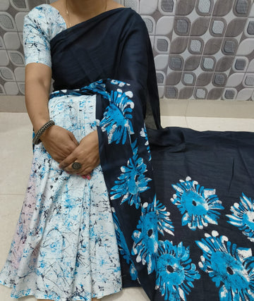 WHITE WITH SKYBLUE AND BLACK COLOR HALF-HALF PURE MULMUL COTTON SAREE