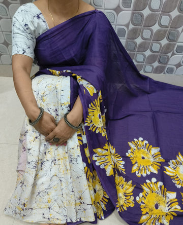WHITE WITH VIOLET COLOR HALF-HALF PURE MULMUL COTTON SAREE