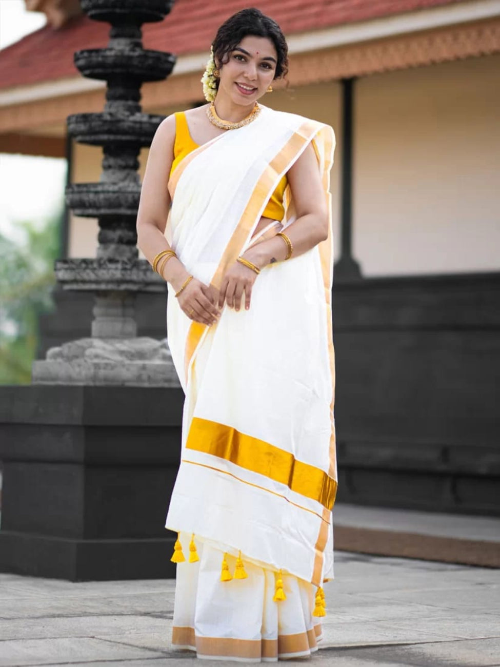 KERALA PURE COTTON GOLDEN ZARI BORDER KASAVU SAREE