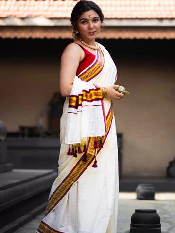 MAROON COLOR WITH GOLDEN ZARI WORK KERALA PURE COTTON KASAVU SAREE