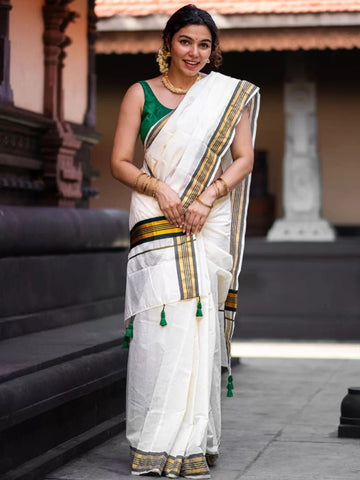 GREEN WITH GOLDEN COLOR ZARI WORK KERALA PURE COTTON KASAVU SAREE