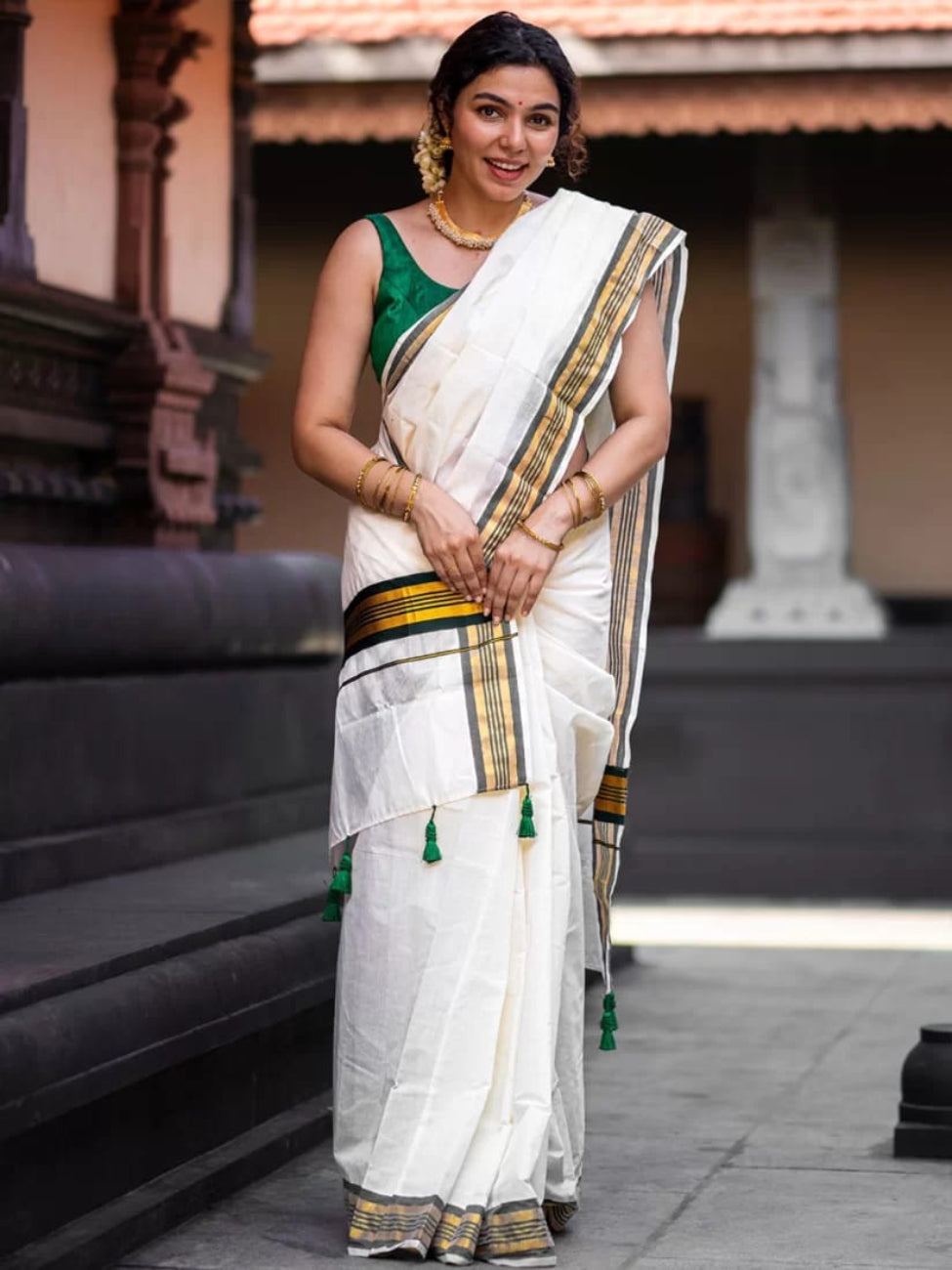 GREEN WITH GOLDEN COLOR ZARI WORK KERALA PURE COTTON KASAVU SAREE