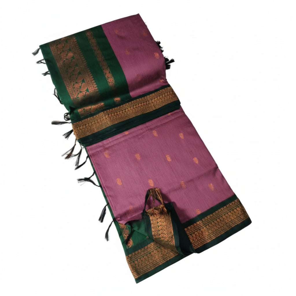 ROSE PINK WITH BOTTLE GREEN KALYANI PURE COTTON SAREE