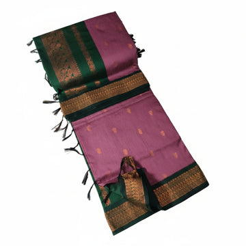 ROSE PINK WITH BOTTLE GREEN KALYANI PURE COTTON SAREE