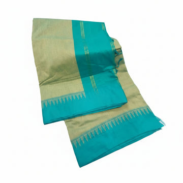 BEIGE WITH TEAL GREEN BODER KALYANI PURE COTTON SAREE