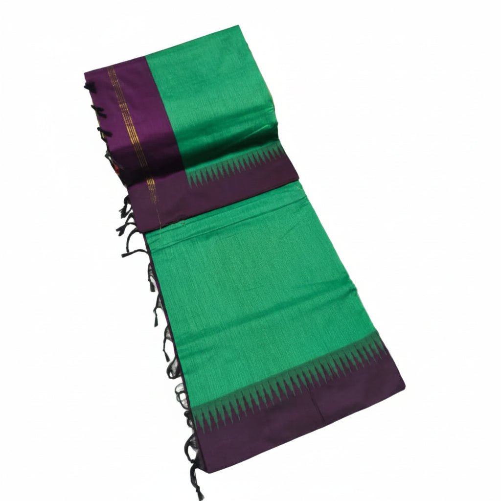 EMERALD GREEN WITH DEEP PURPLE COLOR KALYANI PURE COTTON SAREE