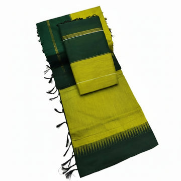 LEMON GREEN WITH BOTTLE GREEN KALYANI PURE COTTON SAREE