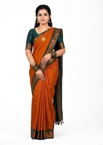 ORANGE WITH BOTTLE GREEN KALYANI COTTON SAREE