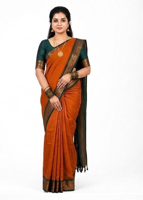 ORANGE WITH BOTTLE GREEN KALYANI COTTON SAREE