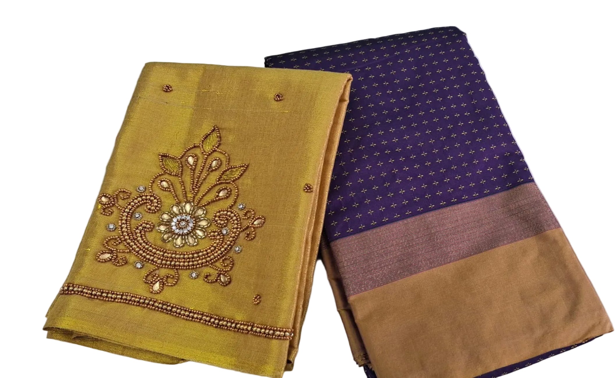 VIOLET WITH GOLDEN COLOR AARANI PLUS SILK SAREE WITH COMBO AAREEWORK BLOUSE