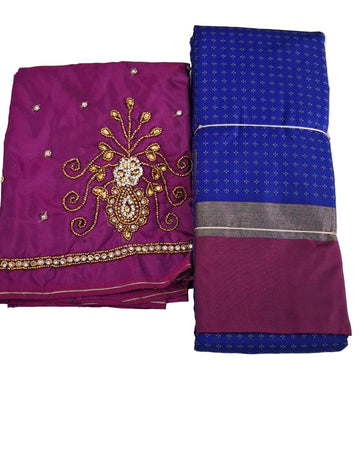 BLUE WITH RICH MAGENTA COLOR AARANI PLUS SILK SAREE WIYH COMBO AARANI BLOUSE