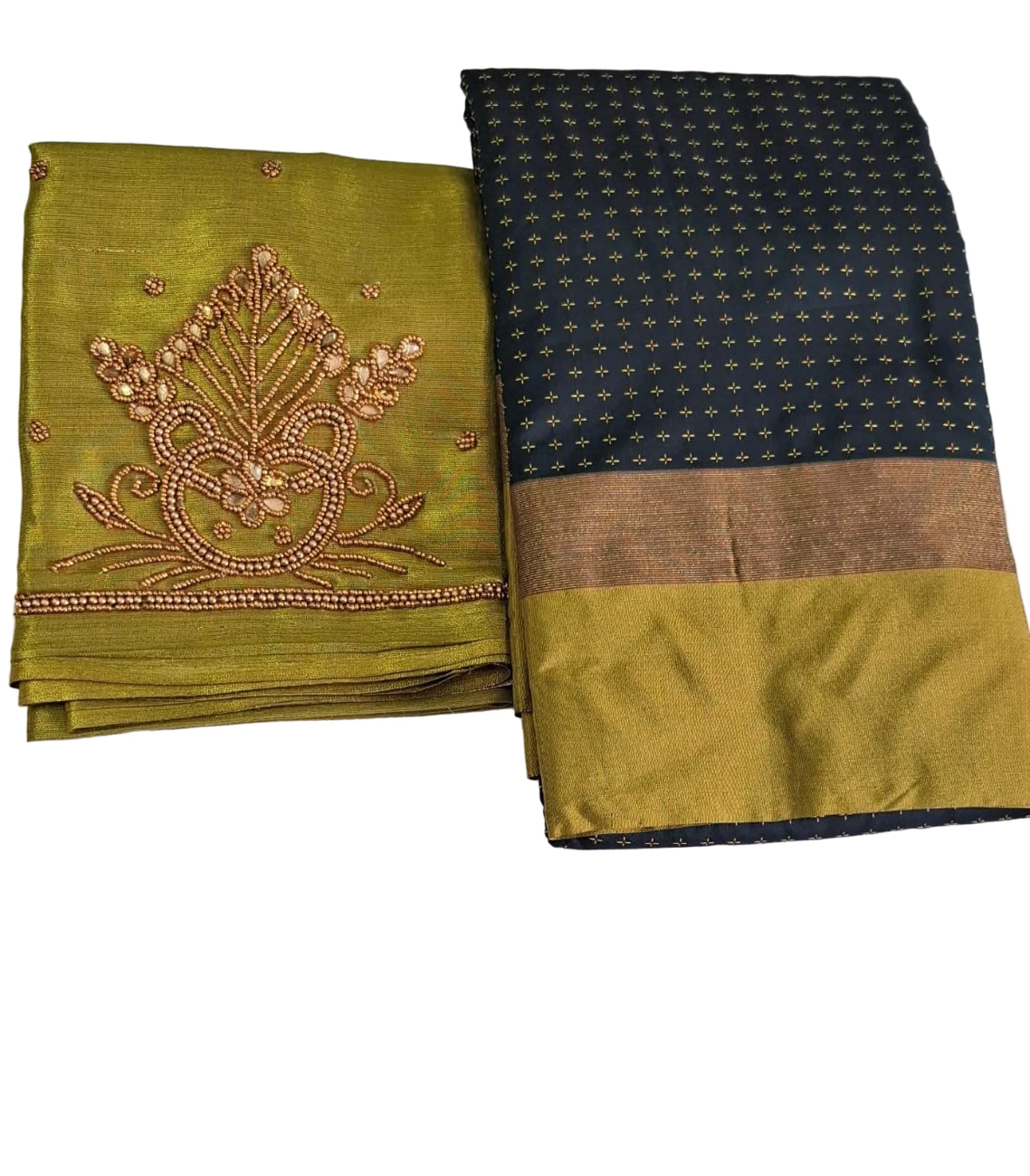 DARK GREEN WITH OLIVE GREEN AARANI PLUS SILK SAREE WITH COMBO AAREE WORK BLOUSE
