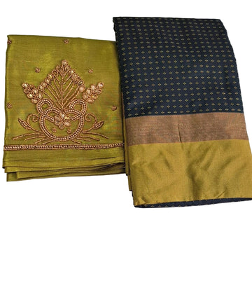DARK GREEN WITH OLIVE GREEN AARANI PLUS SILK SAREE WITH COMBO AAREE WORK BLOUSE