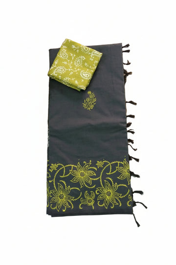 BLACK WITH OLIVE GREEN FLORAL PRINT SOUTH COTTON SAREE