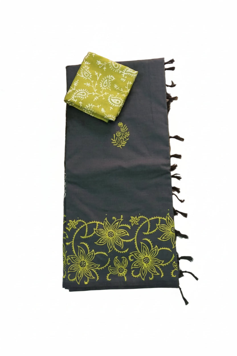 BLACK WITH OLIVE GREEN FLORAL PRINT SOUTH COTTON SAREE