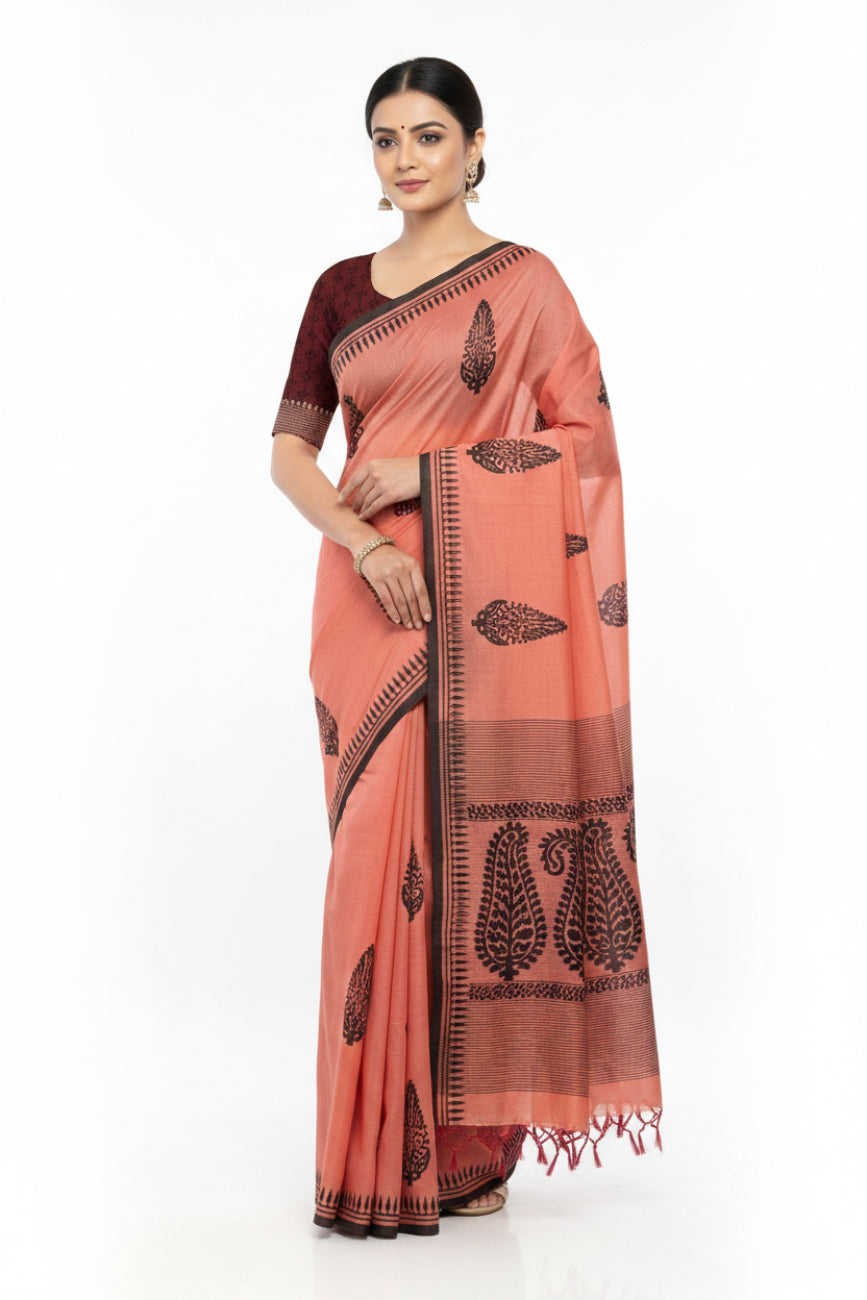 PEACH WITH MAROON COLOR PRINTED SOUTH COTTON SAREE