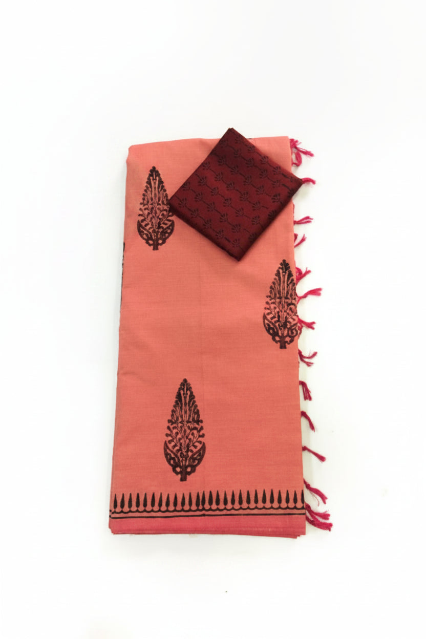 PEACH WITH MAROON COLOR PRINTED SOUTH COTTON SAREE