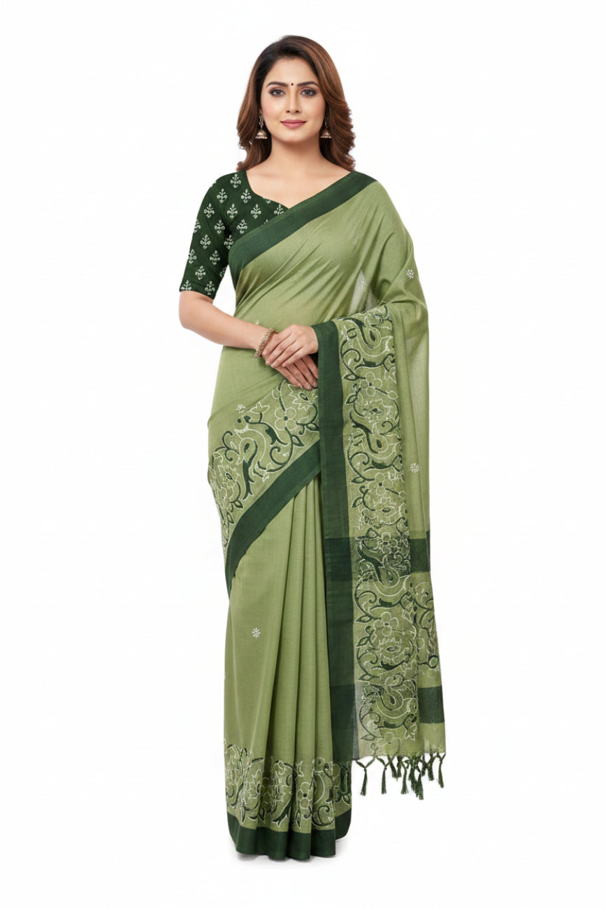 PISTA GREEN WITH DARK GREEN PRINTED SOUTH COTTON SAREE