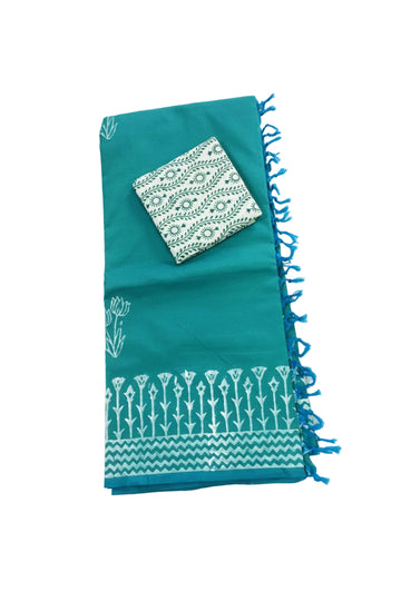 TEAL BLUE WITH WHITE PRINTED SOUTH COTTON SAREE