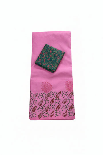 PINK  WITH GREEN COLOR CONTRAST PRINTED SOUTH COTTON SAREE