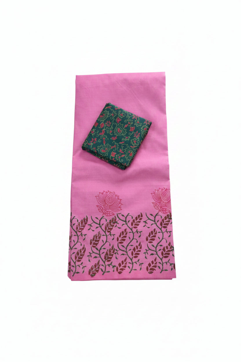 PINK  WITH GREEN COLOR CONTRAST PRINTED SOUTH COTTON SAREE