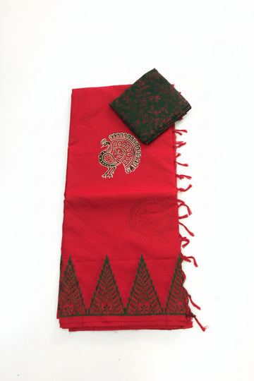 RED WITH BOTTLE GREEN PRINTED SOUTH COTTON SAREE