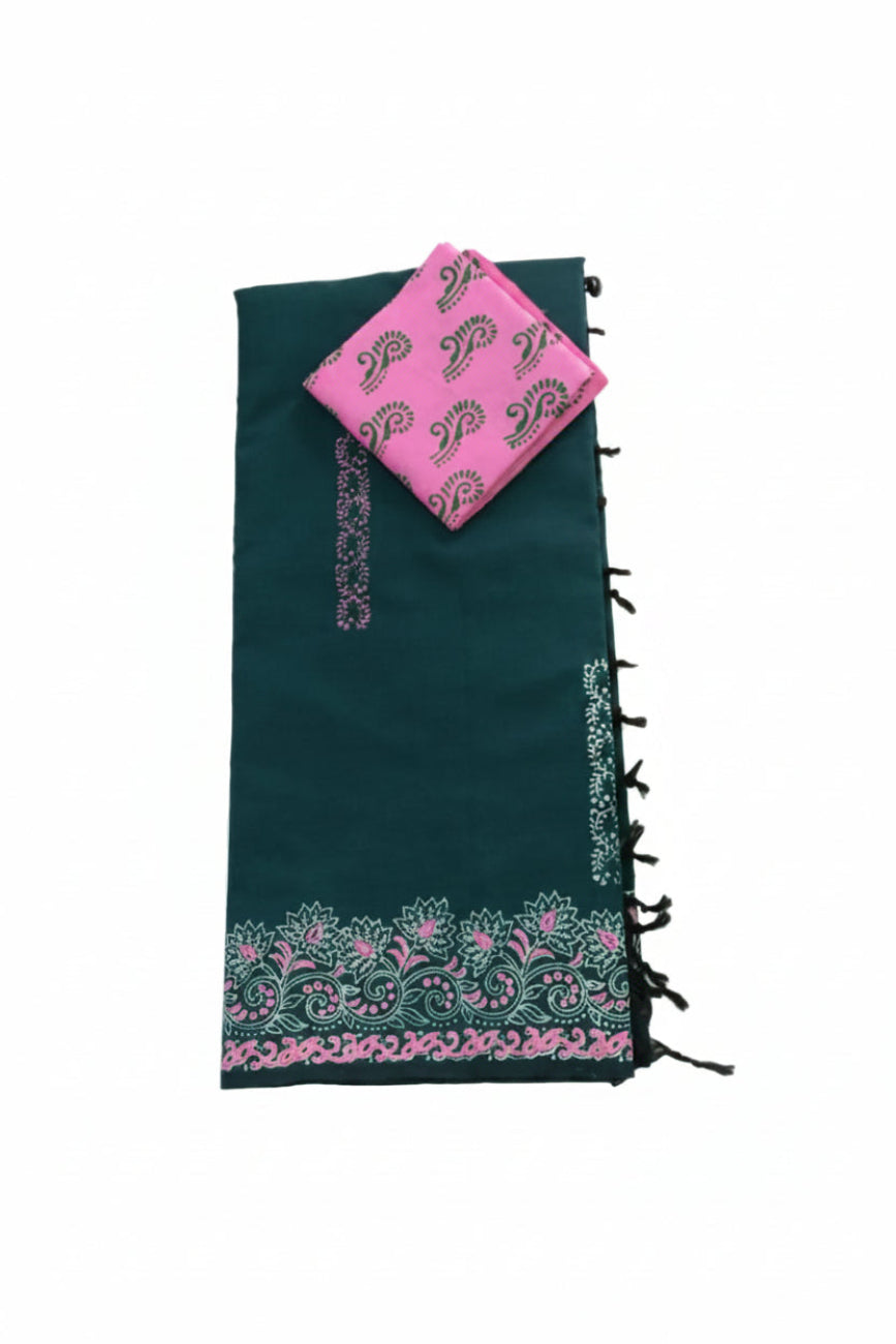 DEEP BOTTLE GREEN WITH PINK AND WHITE FLORAL PRINT SOUTH COTTON SAREE