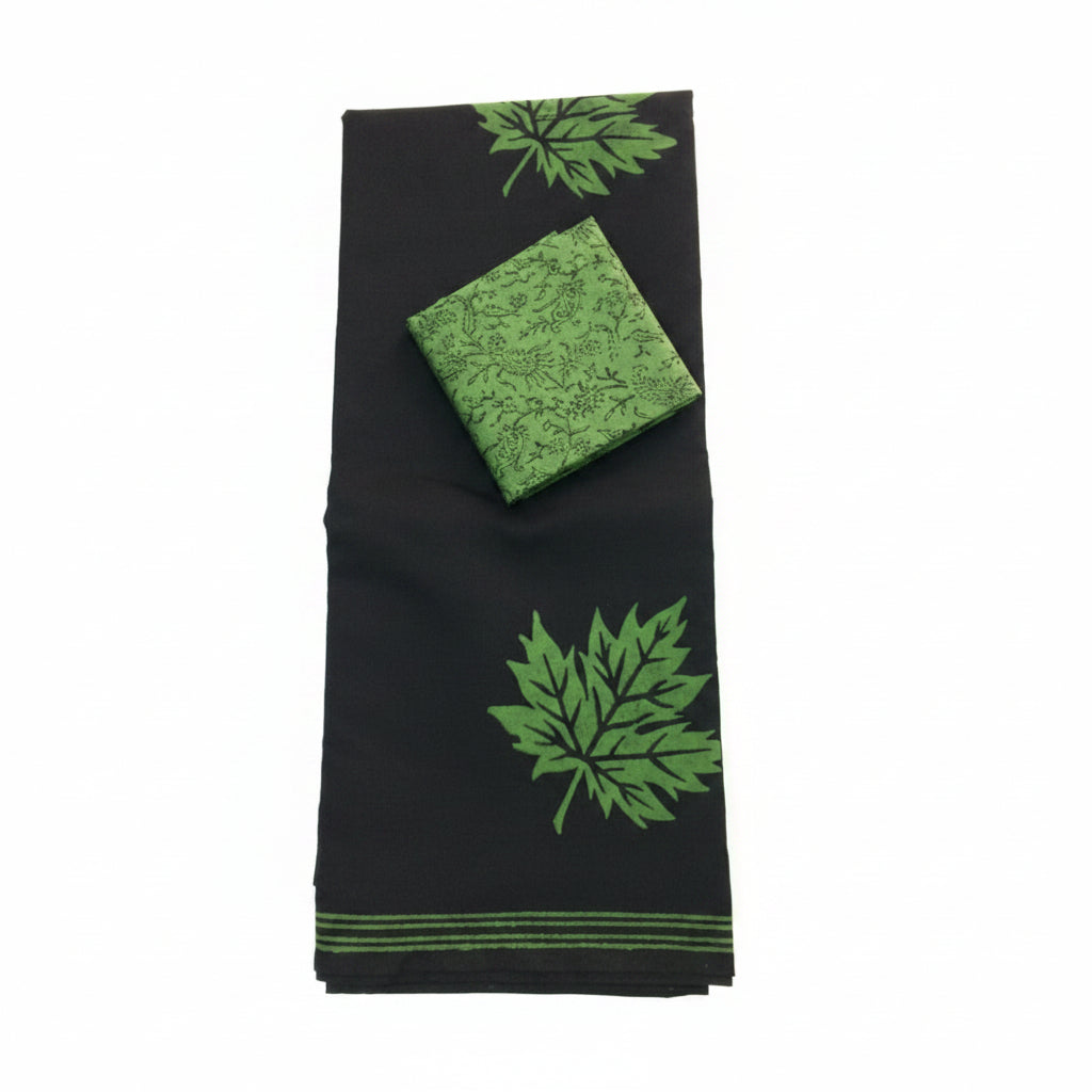 BLACK WITH LEAFY GREEN PRINTED SOUTH COTTON SAREE